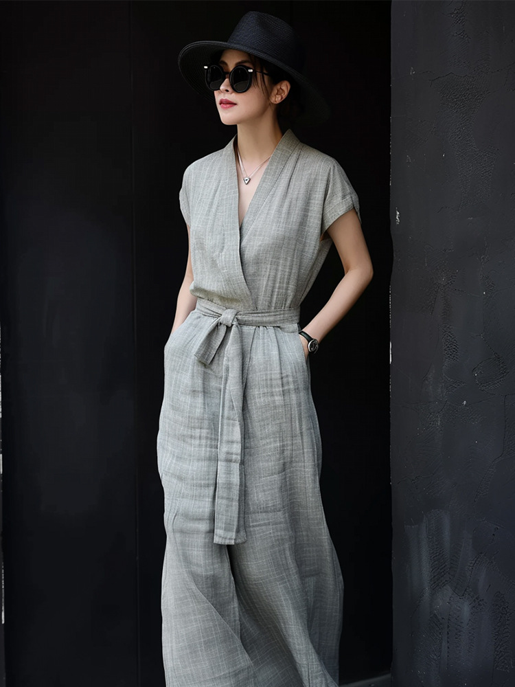 Váy liền vải lanh cotton cổ chữ V chiết eo tinh tế mùa hè — Váy vải lanh màu xám chi tiết 6