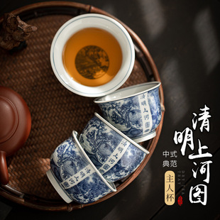 Qingming Shanghe Tu Tea Cup Chinese Antique Blue and White Ceramic Tea Tasting Cup Tea Bowl Large Master Cup