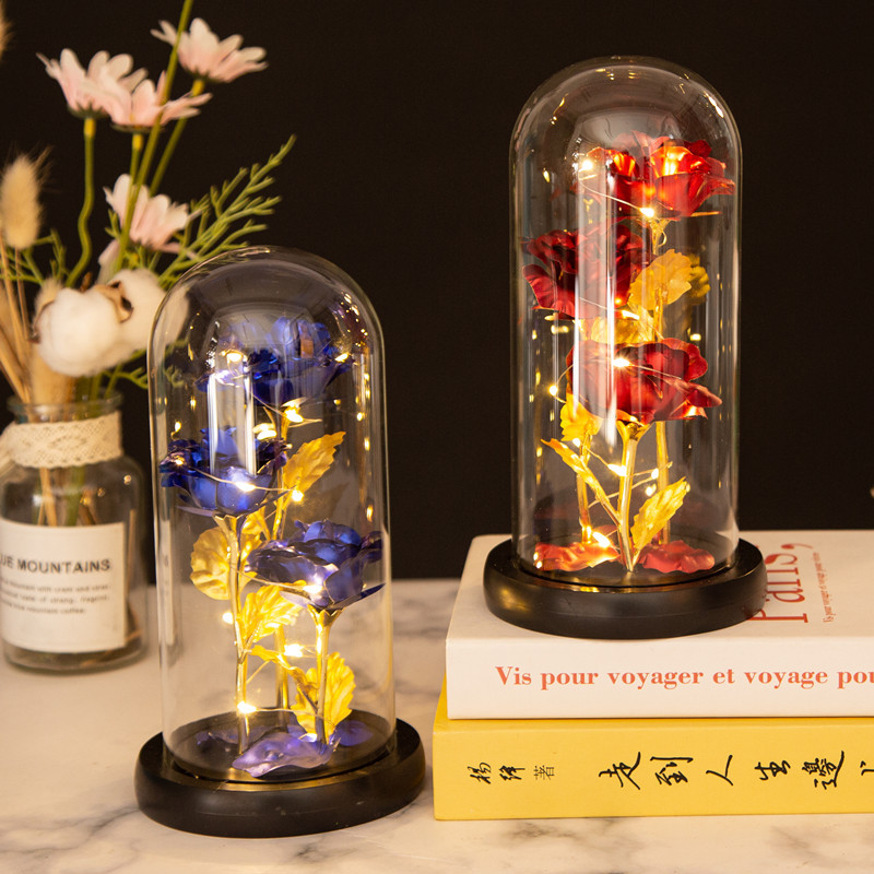 Tres cubierta de vidrio lámina oro rosa decoración amante creativo regalo del Día La Madre Flor Eterna LED luz noche Al Por Mayor