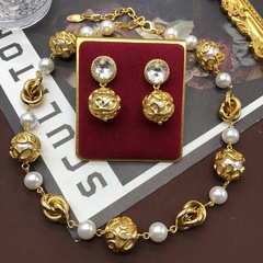 Baroque gold-plated engraved hollow short necklace glass pearl earrings necklace clavicle chain earrings set