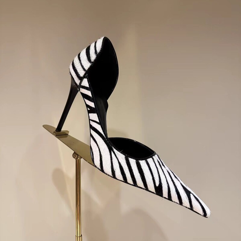 European and American export, plus-size, pointed-toe, black and white striped, stiletto heels, zebra-patterned stage performance shoes, fashion flats, zebra pattern