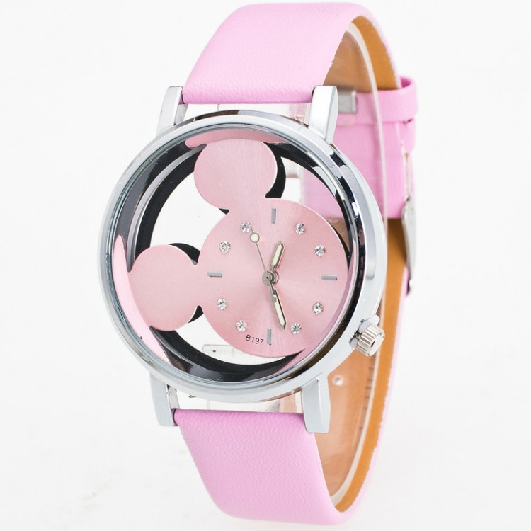 En stock moda simple de doble cara hueca Mickey reloj de cuarzo estudiante lindo cinturón Mickey Mouse reloj para niños