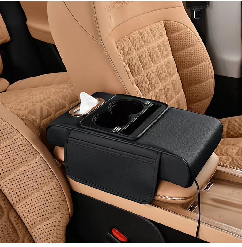 Car Charging Armrest Box, Universal Car Tissue Box, Extended and Thickened Four-In-One Armrest Box with Height-Increasing Pad