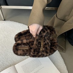 复古毛绒绒厚底一字拖2025新款百搭舒适保暖休闲外穿豹纹毛毛拖鞋