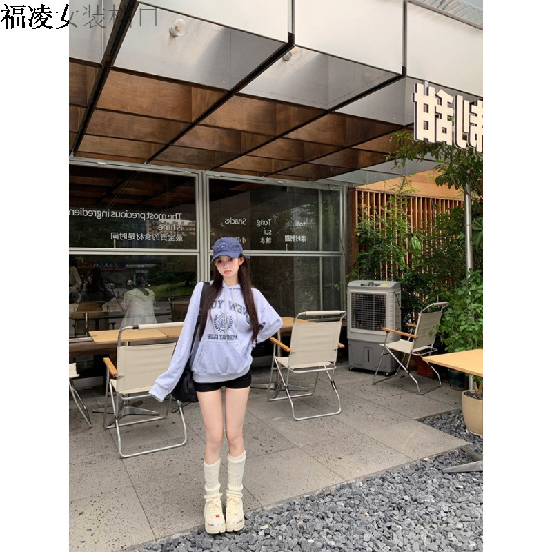 미국 지구 특대 레트로 인쇄 후드 스웨트 여성 가을 캐주얼 루즈 숄더 탑