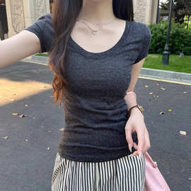 2026夏季新款U领短袖T恤女修身收腰显瘦美式辣妹百搭正肩纯色上衣