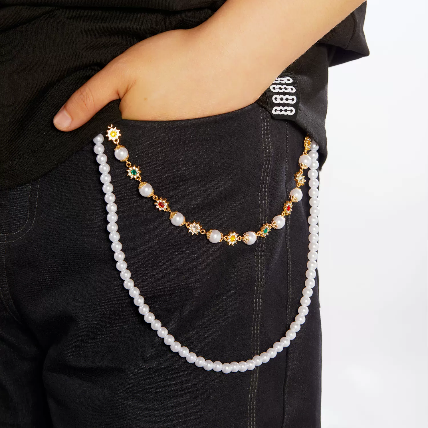 欧美跨境新款ins镶钻小花珍珠裤链套装简约时尚百搭叠带搭配饰品