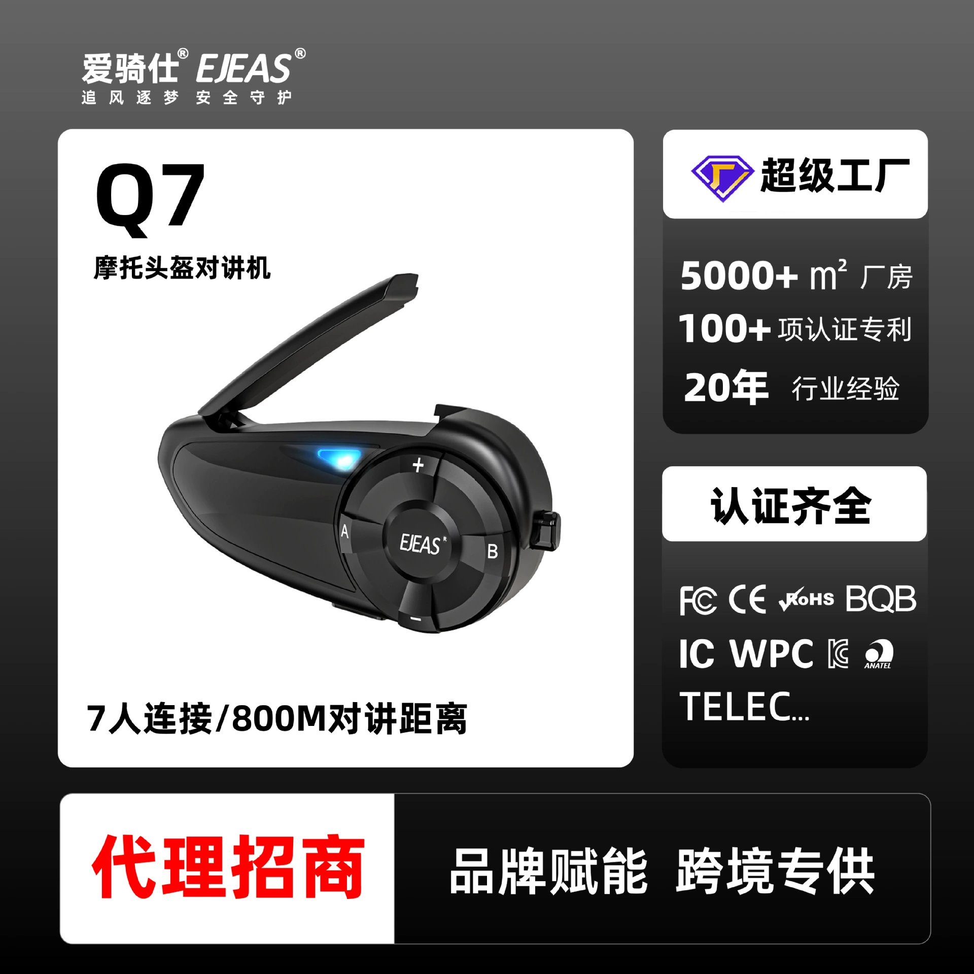 Производитель EJEAS, переключение двух человек, 7-местное соединение, полностью двойной мотоциклетный шлем, Bluetooth-рация Q7, один пакет