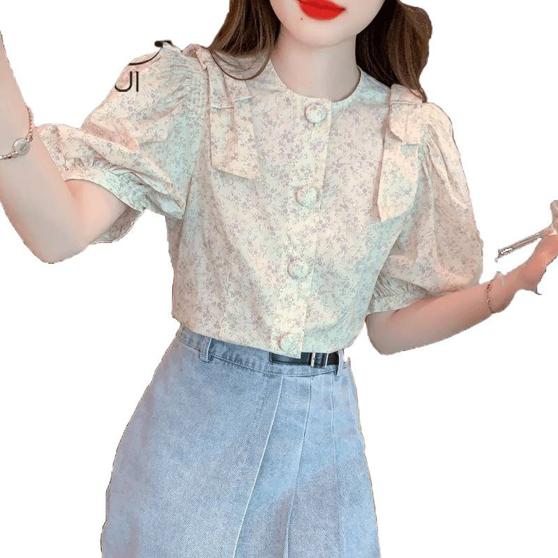 花柄パフスリーブシャツレディース夏デザインニッチフレンチトップ2025新作年齢軽減美しいシフォンシャツ|undefined