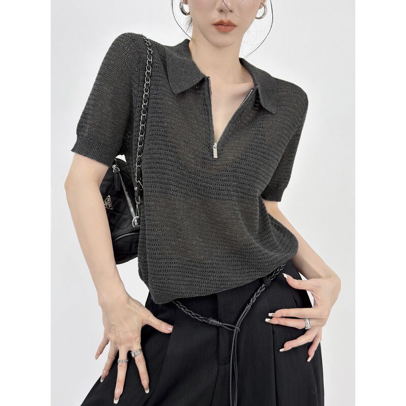 Double Z Old Money Style Lapel Half-Zip Hollow Knit Sweater Women's Summer Short Sleeve Commuter Linen Breathable Top