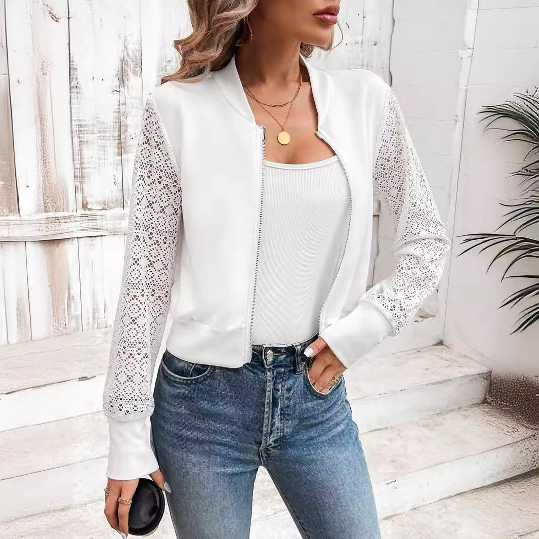 European and American cross-border spring 2025 elegant ladies lace patchwork hollow textured fabric casual baseball jacket