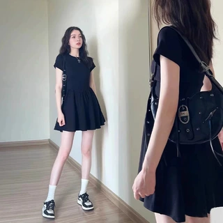 夏季黑色甜辣连衣裙女收腰显瘦a字连衣裙小个子气质赫本风小黑裙