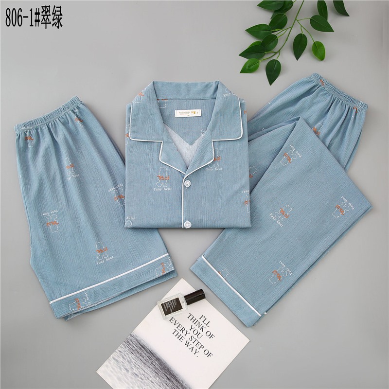 Pijamas de algodón para hombres de verano tres piezas de manga corta pantalones cortos de primavera y verano delgados ropa de casa