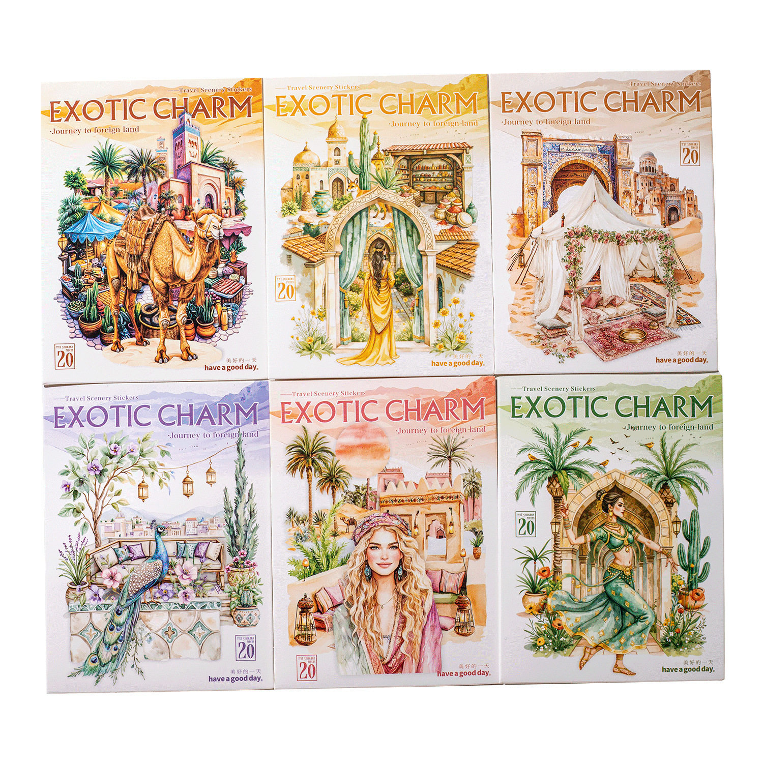 Paquete de pegatinas de buen día, pegatinas de paisajes de viajes exóticos, collage de decoración de bricolaje de cuenta de mano retro