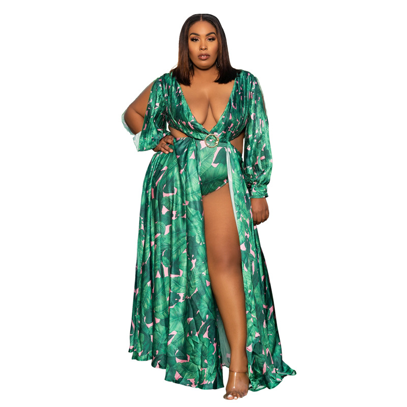plus size printed halter cross cut out one-piece dress NSCYF68176