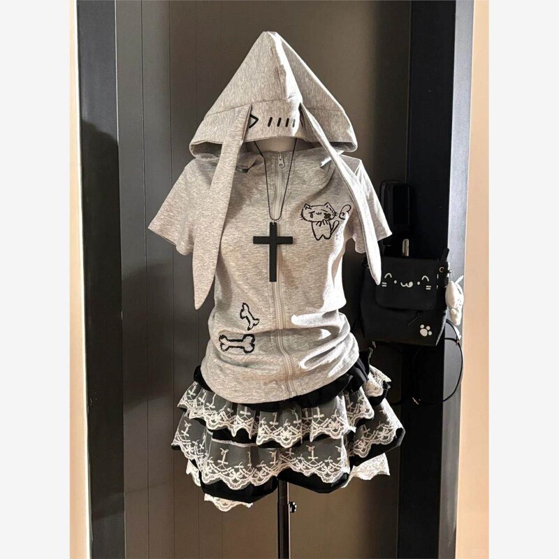 Summer Cute and Adorable Japanese-Style Slim-Fit Bunny Ear Hooded Short-Sleeve Zip-Up Top and Short Skirt Set for Girls