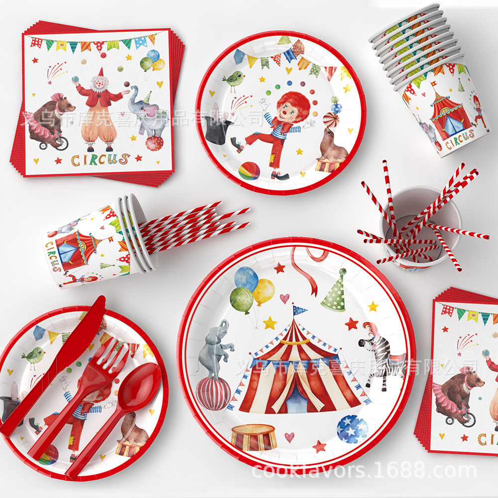 Nuevo circo tema de cumpleaños fiesta decoración carnaval bandeja de papel desechable taza de papel tira de bandera juego de decoración