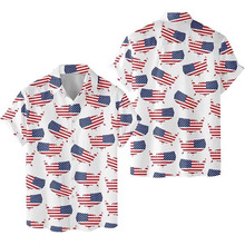2024新款国旗独立日星条旗男士短袖条纹翻领衬衫时尚印花上衣批发