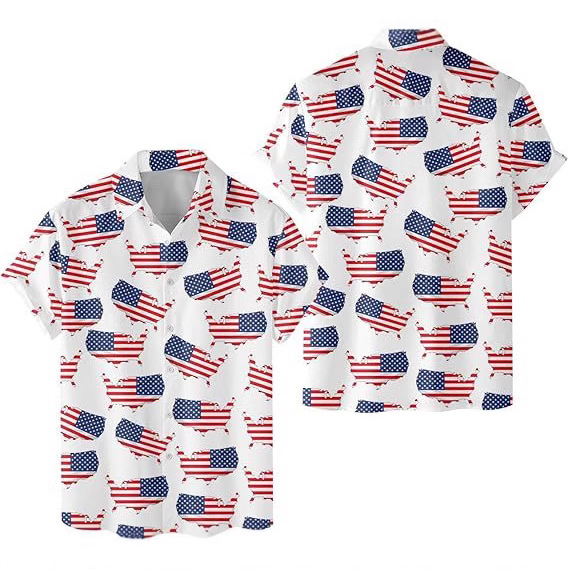 2024新款国旗独立日星条旗男士短袖条纹翻领衬衫时尚印花上衣批发