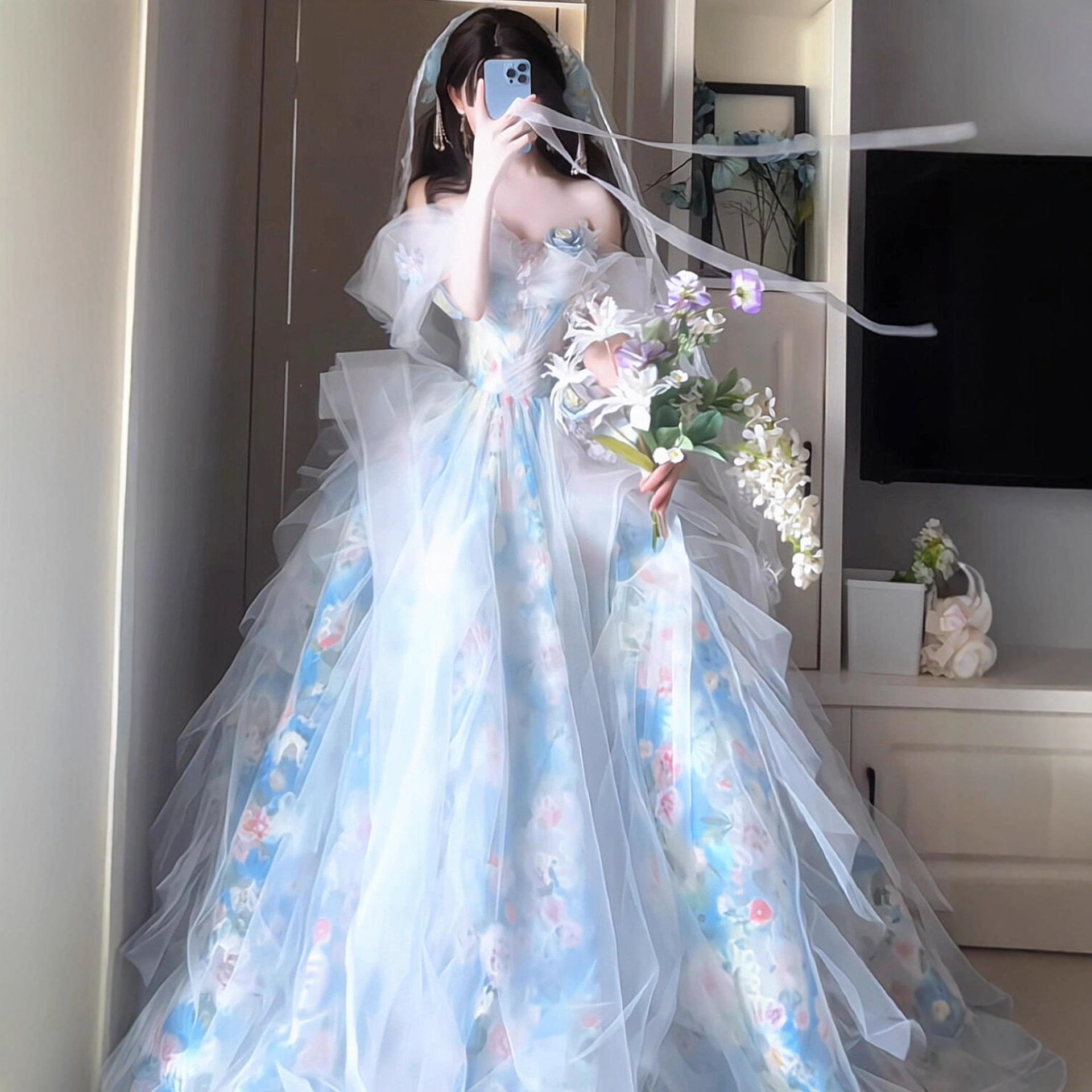 Blue Fairy-Like Evening Dress for Women, High-End New Style, Sophisticated and Elaborate, Suitable for Students' Coming-Of-Age Ceremony, Runaway Princess Dress, Art Exam