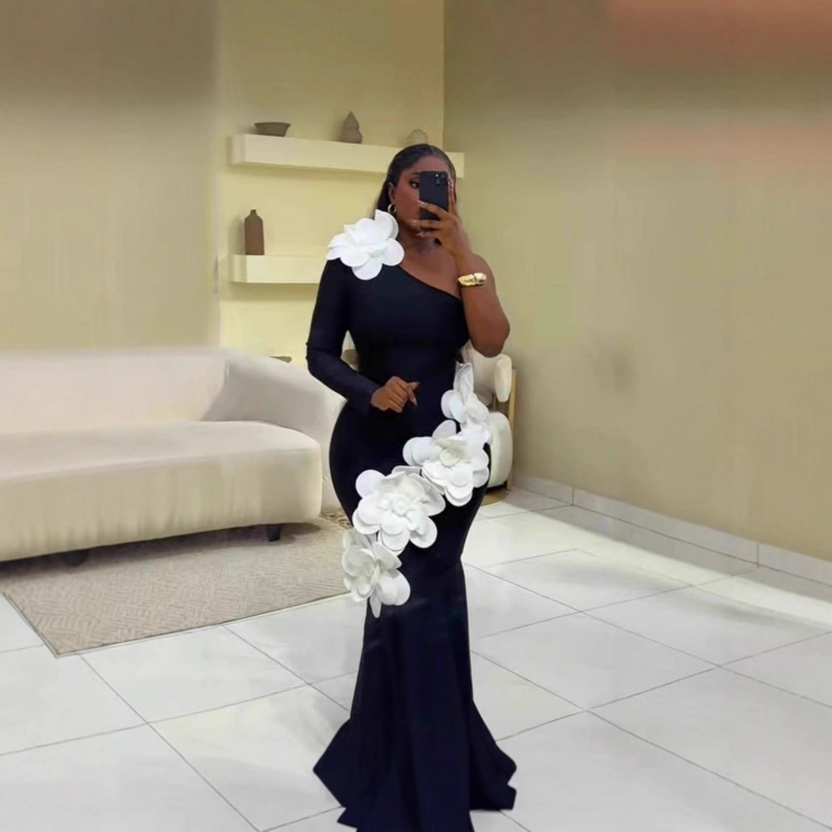 Cross-Border New Fashion Slanted Shoulder Flower Decoration Slim Bandage Skirt Women's Dress Party Banquet Dress