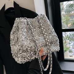 2024 Cross-border Fashion Shiny Sequin Bucket Bag Trendy Evening Fashion Quality Chain Single Shoulder Crossbody Bag Niche