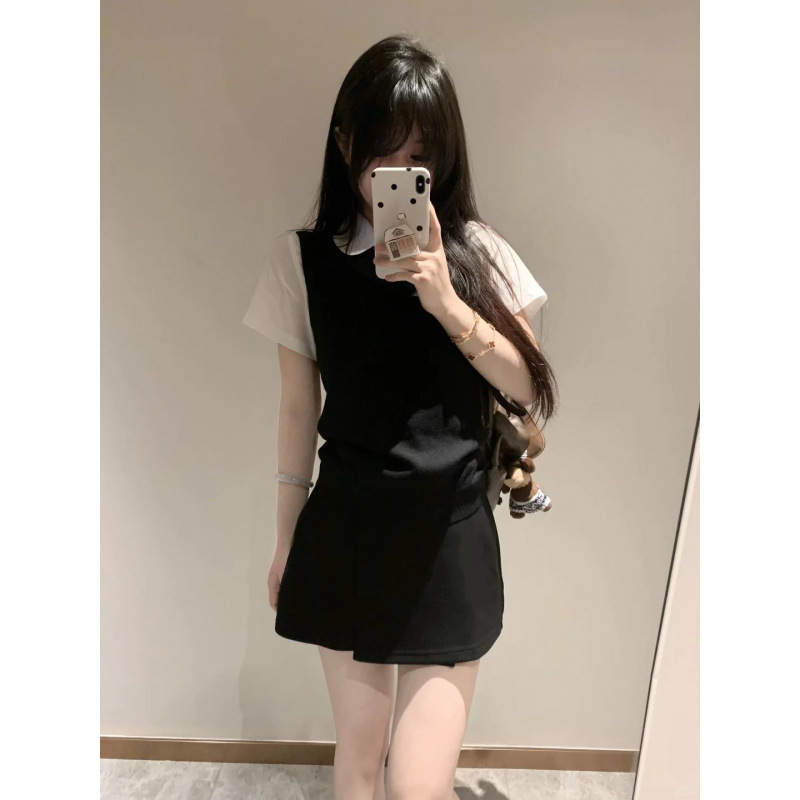 三件套女2025夏季新款韩系学院风针织马甲背心娃娃领衬衫半身裙潮|undefined