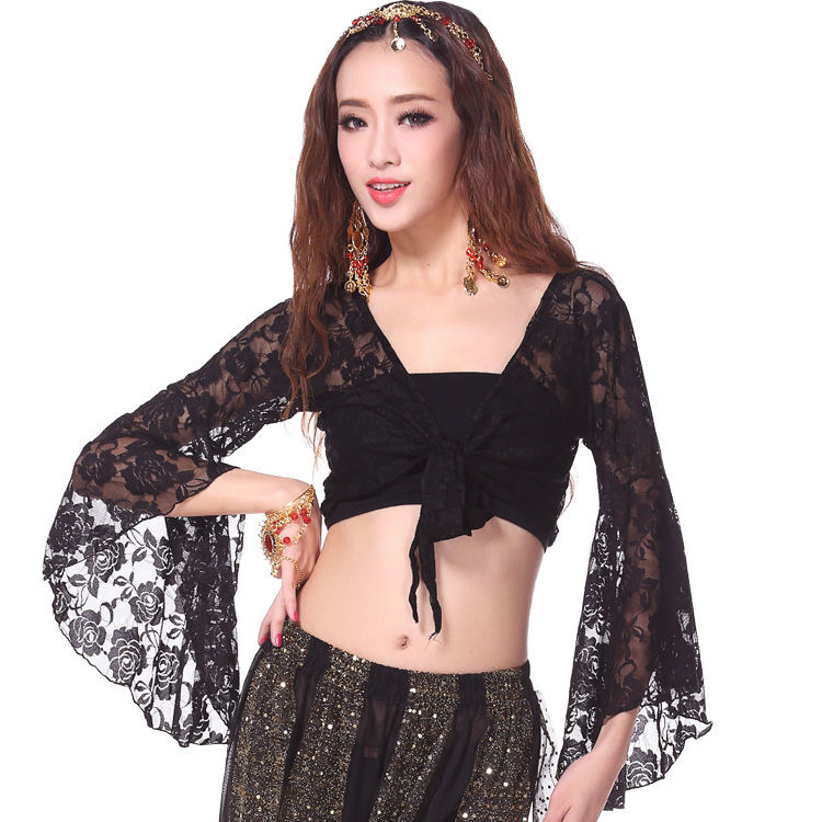 Adult women black red blue lace belly dance top adjustable bra top blouse long trumpet sleeve belly practice lace shawl long sleeve tops capes