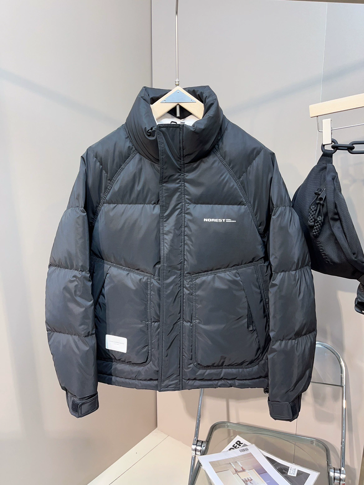 Down jacket, universal winter, duck down filled, velvet‑touch lining, light grey/black