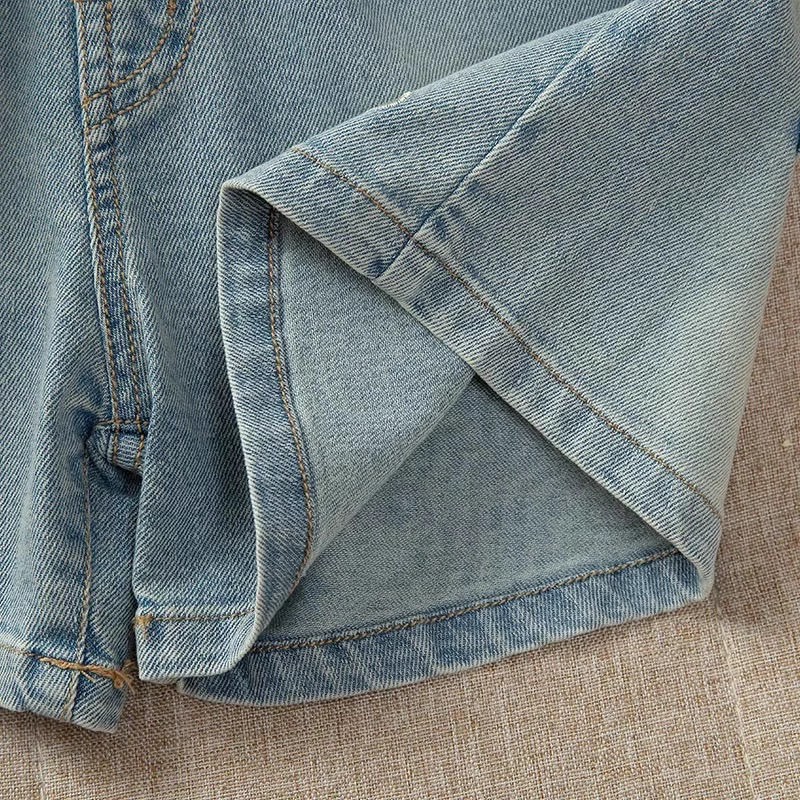 Girls 'printed denim shorts summer loose slimming embroidered shorts all-match high-waist wide-leg hot pants bow