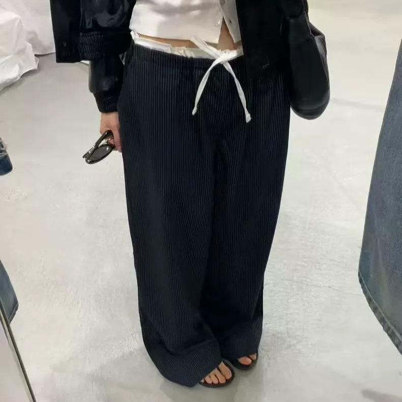 Fan Sun·Xh 2026 Spring New Korean Dongdaemun Vegetable Lace Patchwork Waist Tie Striped Casual Pants Fan Sun·Xh 2026 Spring New Korean Dongdaemun Vegetable Lace Patchwork Waist Tie Striped Casual Pants