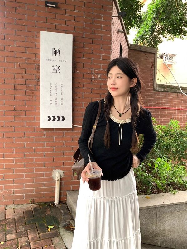 白色蕾丝蝴蝶结长袖t恤女秋冬bm风内搭打底衫设计感独特别致上衣|undefined