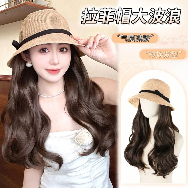 Woven Raffia Hat with Integrated Sun Protection, Summer Fashion, Stylish Vacation Bucket Hat for Women with Wig