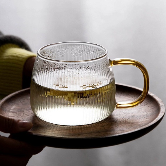 Vaso de vidrio con rayas verticales estilo japonés con asa, taza de agua de fondo plano apta para estufa eléctrica de cerámica, vidrio de borosilicato alto resistente a altas temperaturas