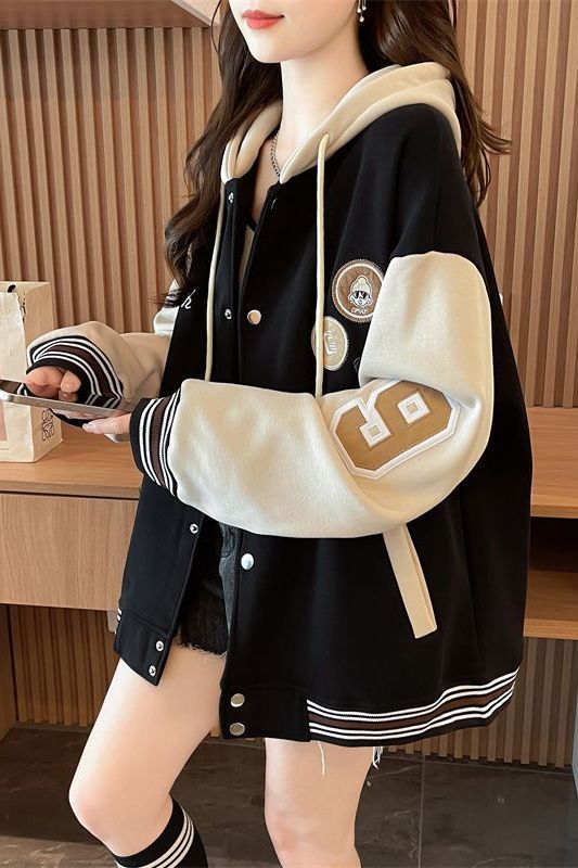 拼接撞色棉连帽棒球服外套少女2025新款秋冬加绒学院风休闲卫衣