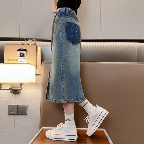 Little Girl Denim Half-length Skirt 2024 Spring and Autumn New Style Medium and Large Children's Long Dress Children's Stylish Slit Skirt Children's Fashion