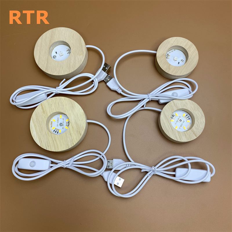 新跨境氛围灯灯座diy插电小夜灯水晶球摆件LED灯圆形实木发光底座