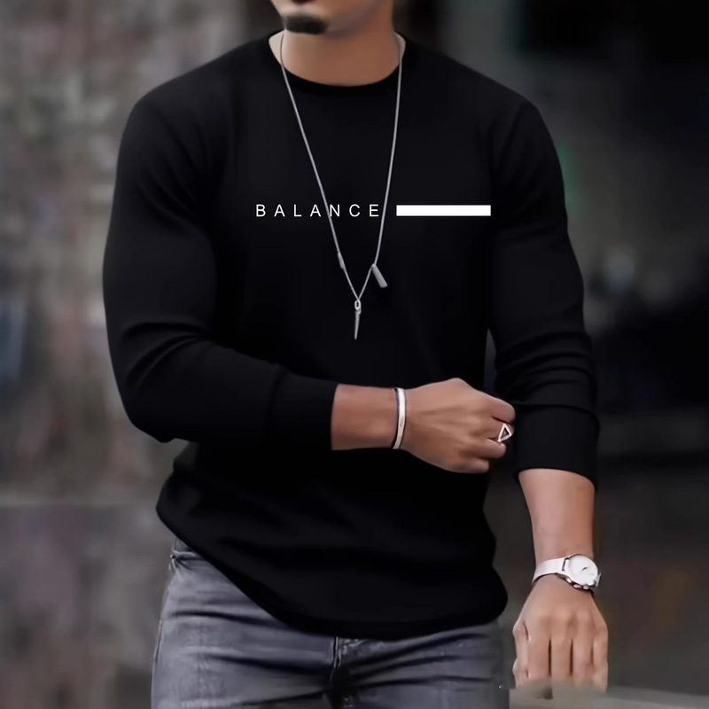 Men's Versatile Round-Neck Pure Cotton T-Shirt, Loose Casual Long-Sleeve Top, Trendy Brand Spring and Autumn Men's Pure Cotton Long-Sleeve T-Shirt
