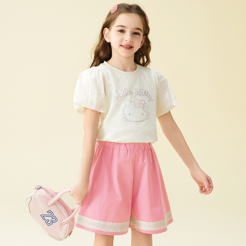 ハローキティの女の子の夏の2025の新型のスーツはファッションの甘い2つのセットを組み合わせます。|undefined