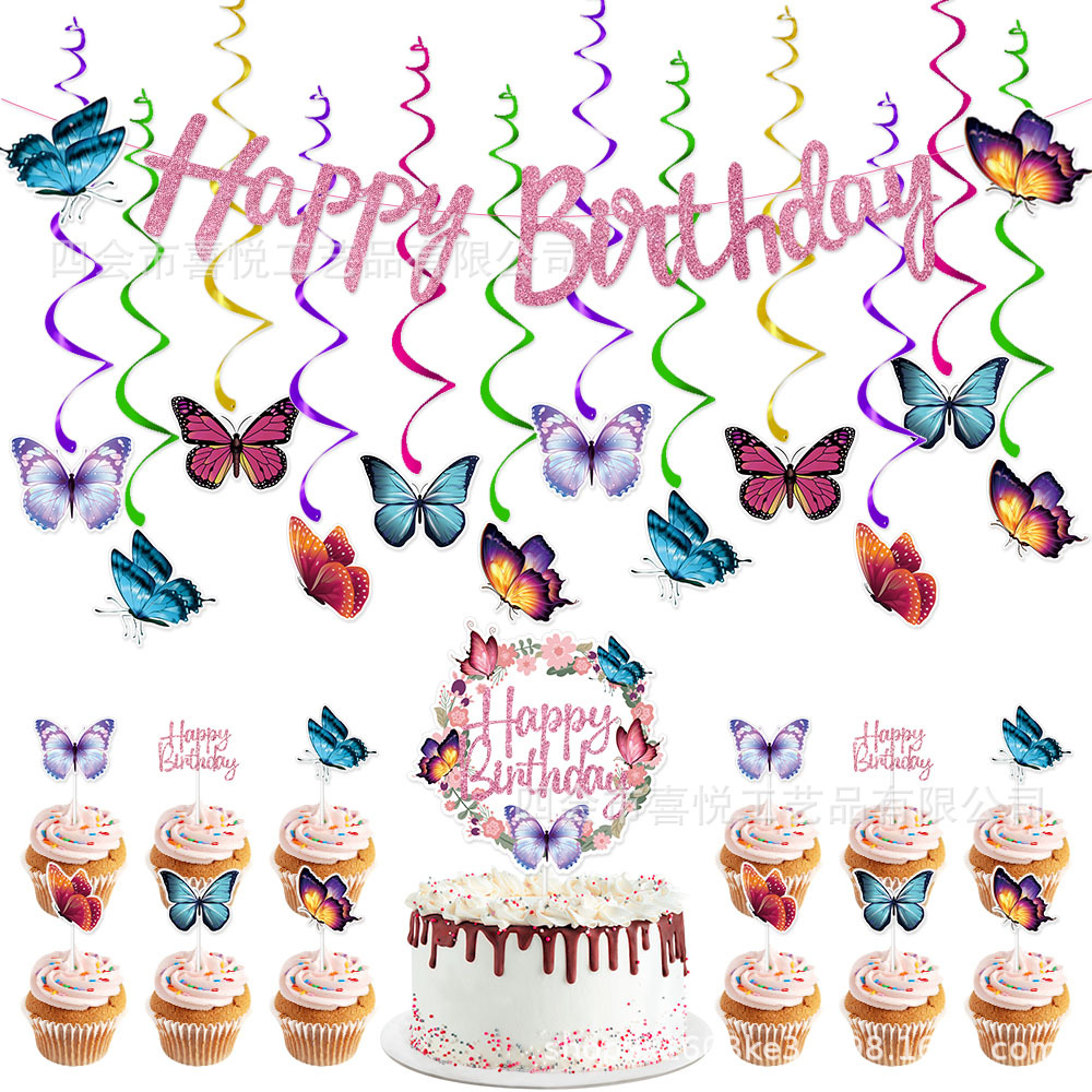 Mariposa colorida fiesta de cumpleaños traje feliz cumpleaños tire bandera mariposa espiral colgante decoración pastel decoración tarjeta inserción