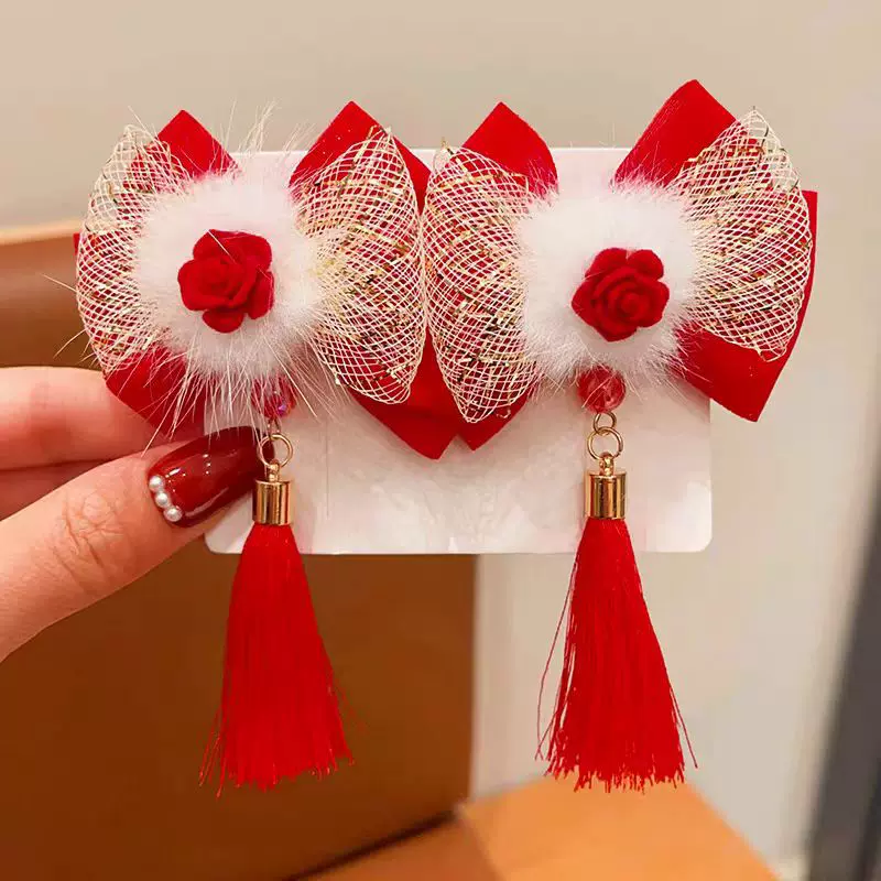 女童宝宝新年汉服发饰过年红色儿童古风蝴蝶结发卡中国风头饰现货