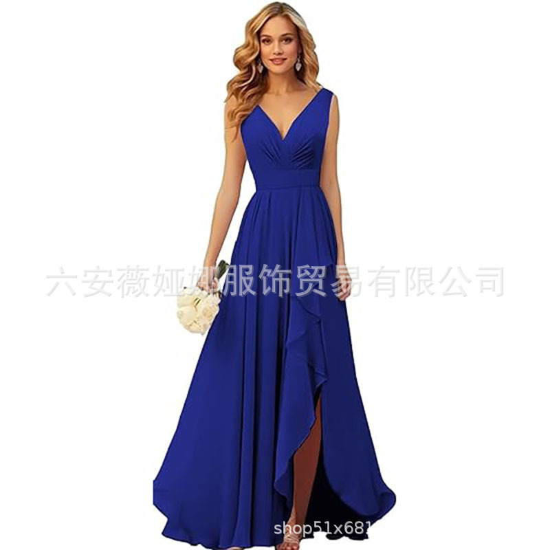 European and American New V Neck Chiffon Long Skirt Aliexpress Cross-Border Pleated Slit Dress Prom Party Dress Wholesale