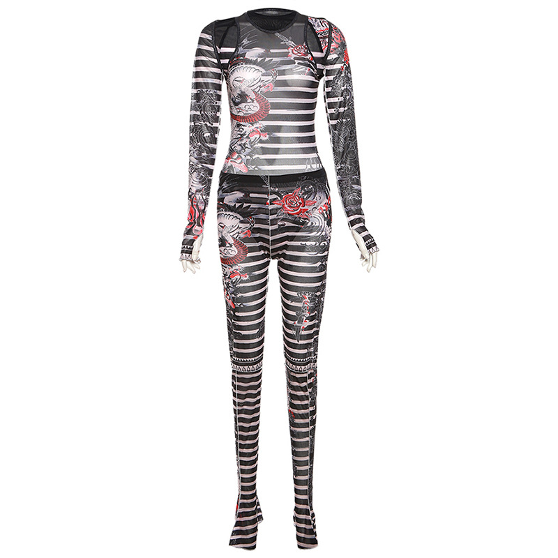 2024 Autumn Women's New Sexy Perspective Mesh Printed Hollow Tight Pants Set_voghion.com