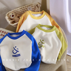 2024 Autumn Children's Medium-Size Long-Sleeve Plaid Crew Neck Top Korean Style for Baby Boys and Girls Sweatshirt