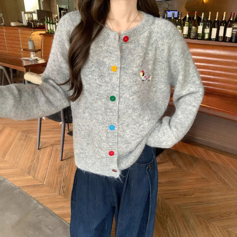 Sweet Round Neck Colorful Button Puppy Pattern Long-Sleeved Sweater Cardigan for Women 2025 Spring, Autumn and Winter Korean Style Versatile Outwear Top