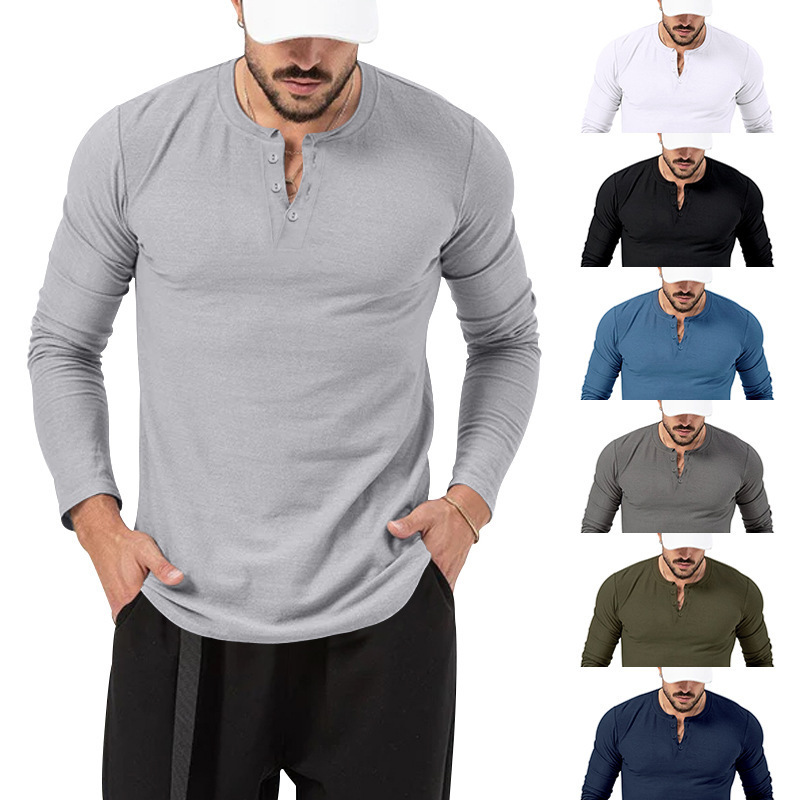 European and American Short-Sleeved Cross-Border Men's Long-Sleeved Henry-Style Vintage Tough Guy Fitted Round-Neck Top T-Shirt Base Layer