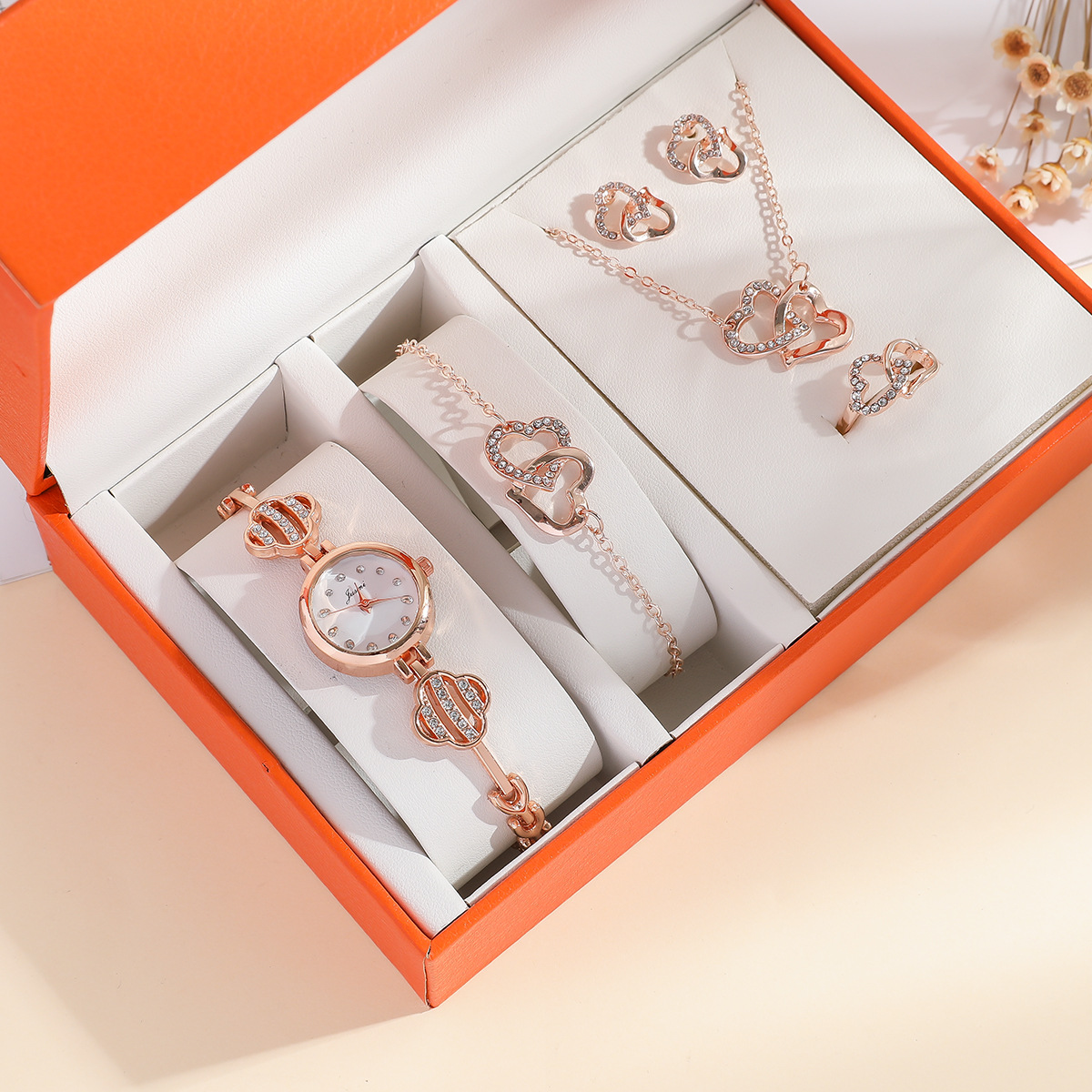 Pequeño reloj verde de las mujeres Correa acero cuarzo + anillo traje regalo en caja 5 unids/set