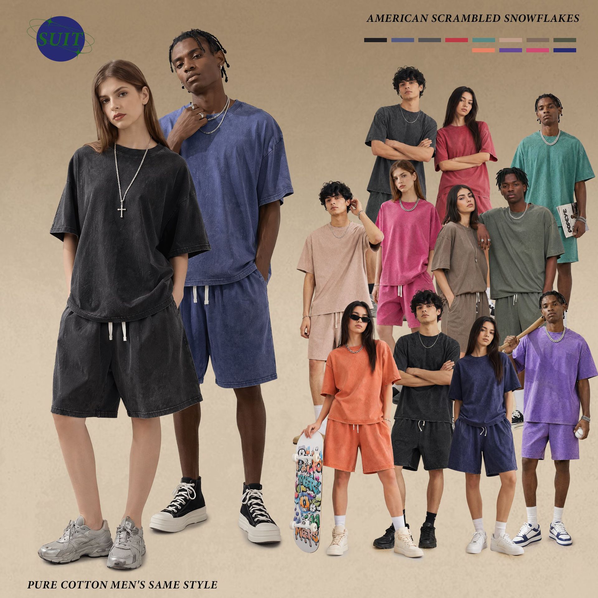 Foreign Trade European and American Size 230g Pure Cotton Washed Distressed T-Shirt Batik Retro Loose Shoulder Round Neck Men's Short-Sleeved T-Shirt