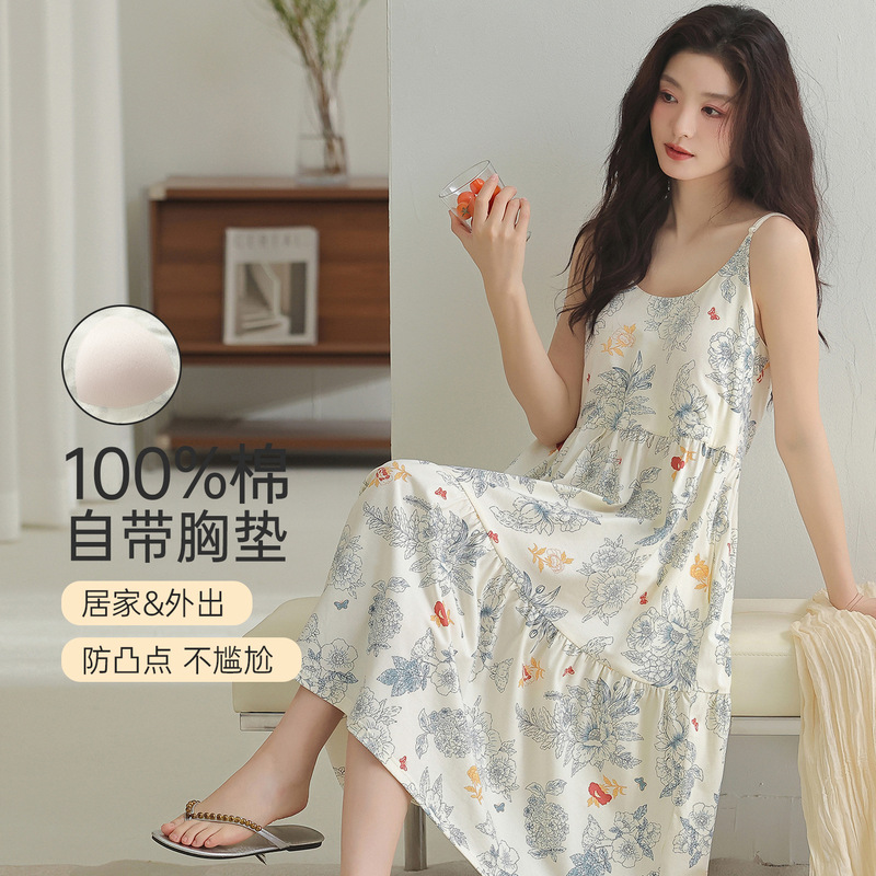 Women's Summer New Style Cotton Long Nightgown with Breast Pads and Straps, Can Be Worn Outside, Summer Cotton Pajamas for Women Women's Summer New Style Cotton Long Nightgown with Breast Pads and Straps, Can Be Worn Outside, Summer Cotton Pajamas for Women