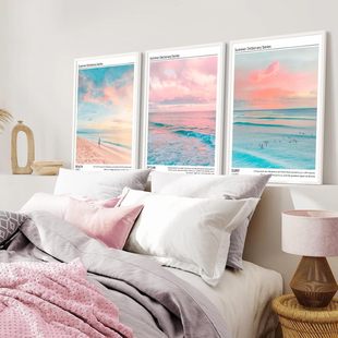 Juchuang Sanlian Pink Sky Blue Sea Bedroom Hanging Painting Retro Art Canvas Spray Painting Living Room Decorative Painting